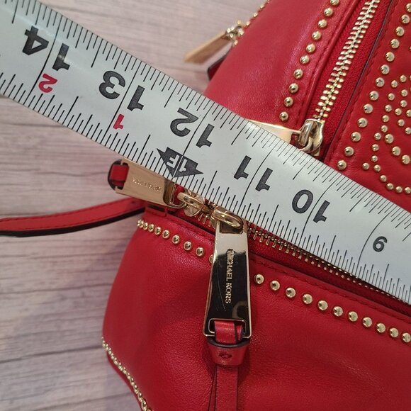 Michael Kors Rhea MD Studded Messenger Backpack Red Rose Motif Leather - Picture 6 of 12